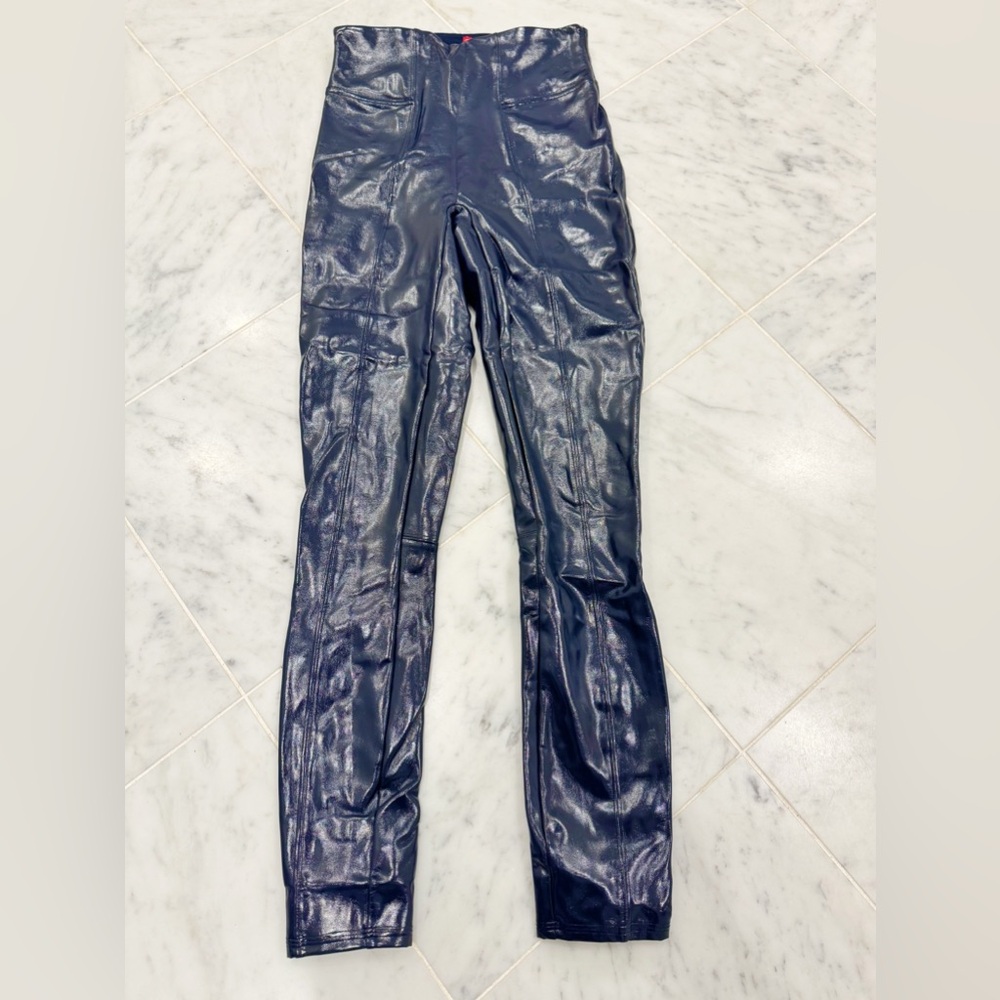 SPANX FAUX PATENT LEATHER LEGGINGS Size XS Port Navy